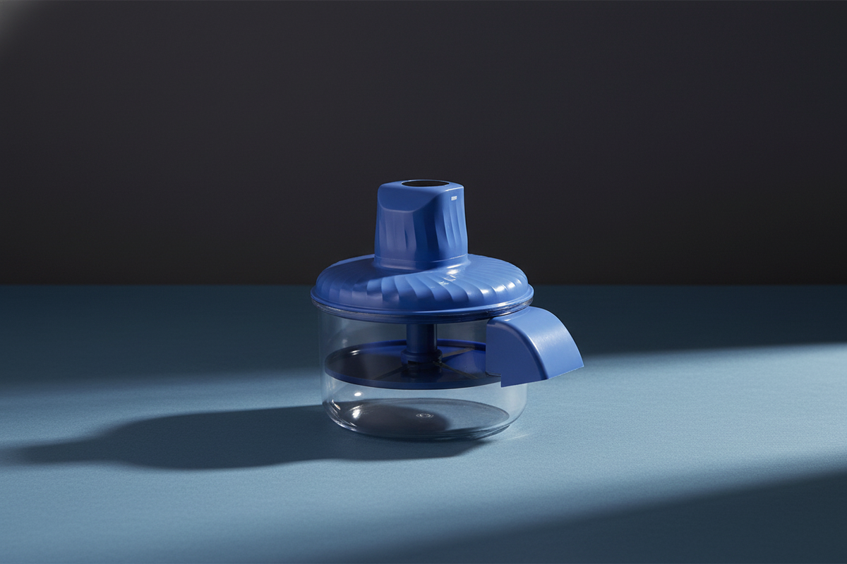 Royal blue USB Mini Electric Garlic Chopper on a light blue countertop with a charcoal background.
